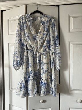 Joie White Dress with Blue Floral Print - Long Sleeve Tie Waist